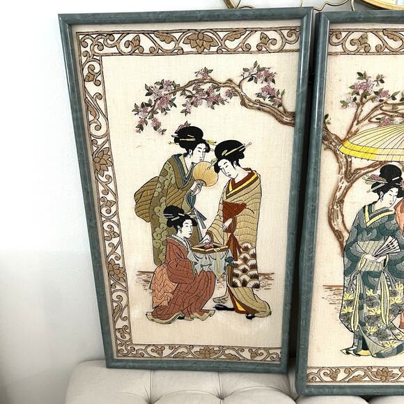 Vintage 1980s Japanese Antique Needlepoint Framed Wall Art Hand Stitched Framed - Picture 2 of 12